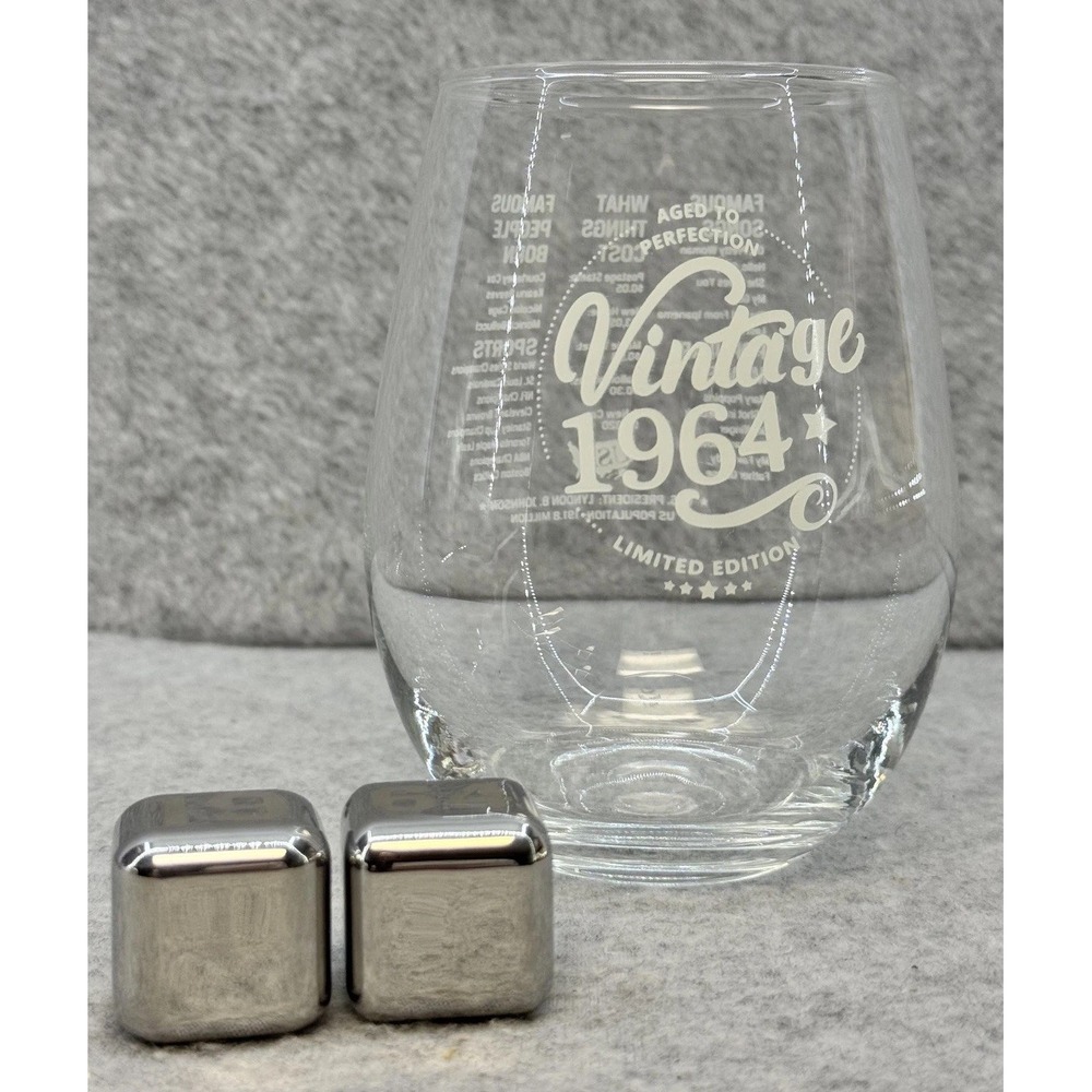 Commemorative Birthday Vintage 1964 Clear Stemless Wine Glass Etched Ice Cube